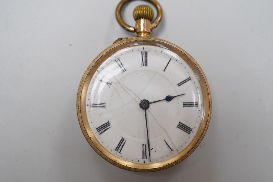 A lady's early 20th century 14K open faced fob watch, with Roman dial and gilt metal dust cover, gross weight 36 grams (dial cracked).